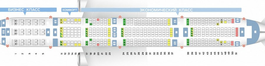 Emirates Boeing 777-300ER салон сұлбасы: мұрын бөлігінде Бірінші класс, одан кейін Бизнес класс және 3-4-3 сұлбасымен Эконом класс